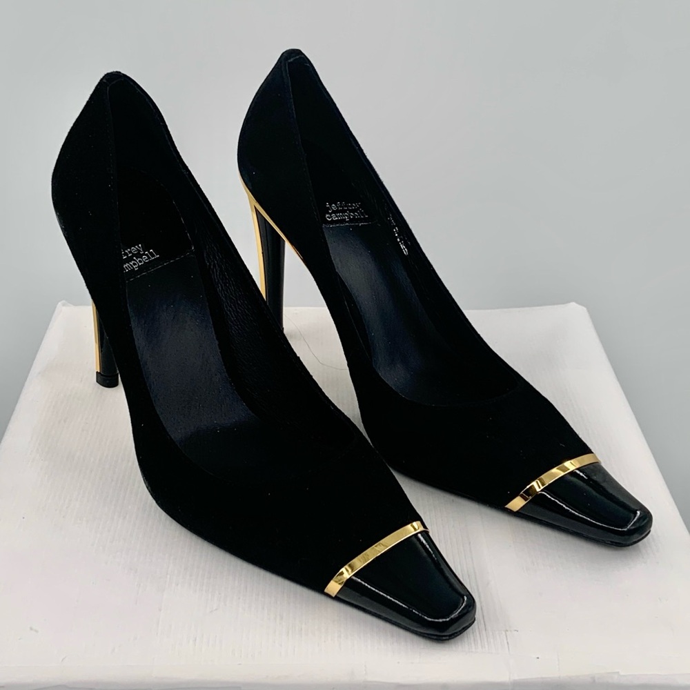 NWT NIB Jeffrey Campbell Conspiracy Cap Toe Pump in Black Suede w/Gold